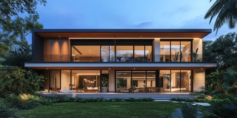 Aufkleber - Modern house with a large patio surrounded by lush greenery.