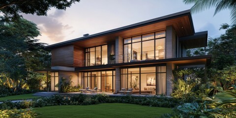 Poster - Modern home with large windows and lush greenery, lit by warm evening light.