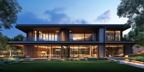Poster - Modern two-story home with large windows, a patio, and a manicured lawn.