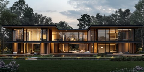 Poster - Modern glass and wood house with a reflection pool.