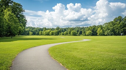 A winding path through a lush green landscape under a blue sky with fluffy clouds.