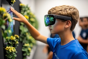 A futuristic rural classroom using holographic teaching tools, where students learn about agriculture, science, and global topics through immersive digital displays