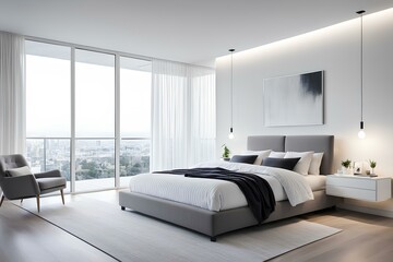 interior of bedroom with bed, white-toned house