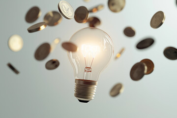 Light bulb surrounded by flying coins symbolizing energy and finance.