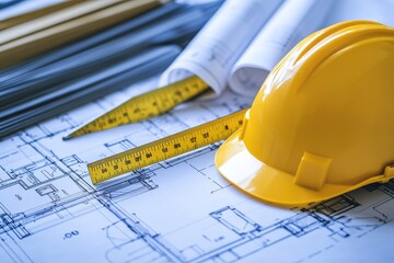 Poster - Construction blueprint with a yellow hard hat and measuring tape.