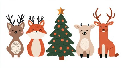 Group of woodland animals caroling around a Christmas tree, holiday cheer, cute cartoon style, isolated on white background