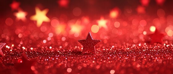Wall Mural - festive red christmas glitter background with sparkling stars and glowing blurred texture for holida