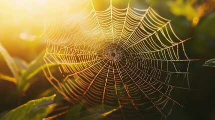 A spiderweb with dew drops in morning light. This image is perfect for representing the concept of nature's beauty, fragility, and intricate design.