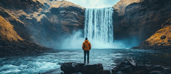a lone hiker stands on a rock in front of a magnificent waterfall cascading down a steep cliff in a 