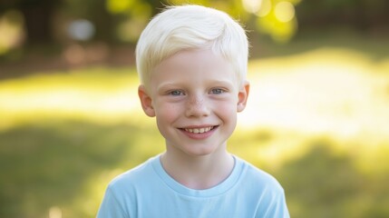 Smiling Southern European Albino Boy in Blue Shirt Enjoying a Sunny Day Outdoors, Natural Light