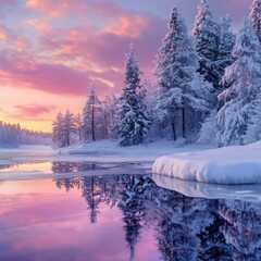 Wall Mural - Winter landscape with snow-covered trees, a frozen lake, and a pink and purple sunset lighting up the sky.