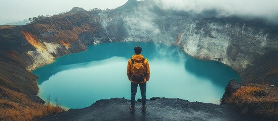 Wall Mural - a lone hiker stands on the edge of a volcanic crater lake, gazing at the stunning turquoise water. t