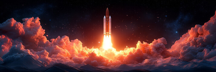 Wall Mural - A rocket launches into space, leaving a trail of fire and smoke.