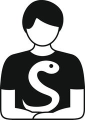 Poster - simple black and white vector illustration of a man wearing a t shirt with a snake logo, holding his