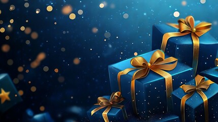 Wall Mural - generative ai illustration of elegant blue gift boxes with golden bows and ribbons on a blue backgro