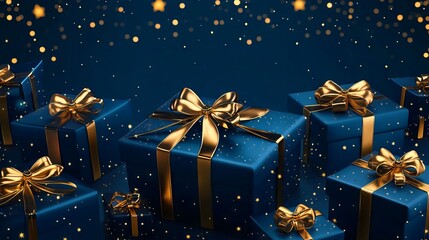 Wall Mural - generative ai illustration of elegant blue gift boxes with golden bows and ribbons on a blue backgro