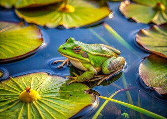 Wall Mural - A peaceful green frog rests on a lily pad, embraced by reeds, in a serene pond setting filled