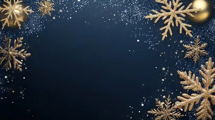 Wall Mural - festive navy blue christmas background with snowflakes and gold sequins for holiday designs