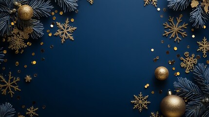 Wall Mural - festive navy blue christmas background with snowflakes and gold sequins for holiday designs
