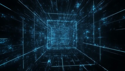 Poster - Abstract glowing blue lines and squares forming a digital tunnel in a dark background.