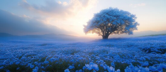 Canvas Print - A lone tree stands tall in a field of blue flowers with a misty sunrise in the background.