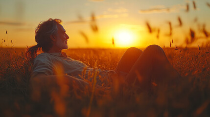 Sticker - Man relaxing in a field at sunset.