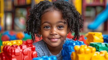 A smiling child surrounded by colorful building blocks in a playful environment.