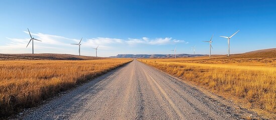 Wall Mural - A long, straight dirt road leads through a field of golden grass towards wind turbines on a clear day.