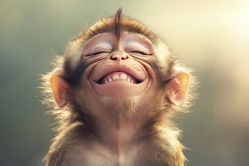 A close-up shot of a monkey smiling. This photo captures a moment of pure joy and happiness.