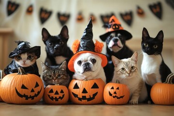 Wall Mural - Group of pets (dogs and cats) in Halloween costumes sitting among pumpkins and spooky decorations