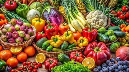 Wall Mural - A stunning array of fresh fruits and vegetables artfully arranged in a colorful and vibrant display, showcasing