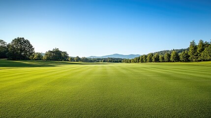 A beautiful stretch of fairway on a golf course, with pristine green grass and rows of trees in the distance, under a clear, blue sky.