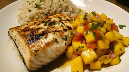 Poster - Grilled fish served with rice and a mango salsa.