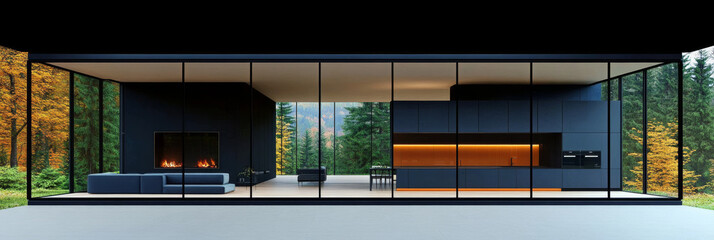 Canvas Print - Modern home with floor to ceiling windows overlooking a forest.