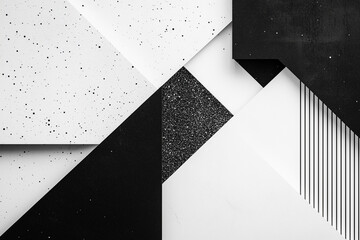 Poster - black and white abstract design with white lines and squares. The design is made up of various shapes and lines, creating a sense of movement and energy. Scene is dynamic and modern