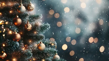 Wall Mural - festive christmas tree decorated with colorful baubles and softly blurred shiny lights creating a wa