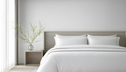 Wall Mural - Serene minimalist white bedroom showcasing cozy textiles and clean lines for a tranquil and elegant atmosphere