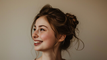 Wall Mural - A woman with long brown hair is smiling and looking at the camera