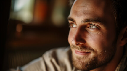 Wall Mural - A man with a beard and a smile is looking out the window