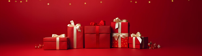Wall Mural - christmas gifts with red ribbons, golden stars and decorations in a row on red abstract background.