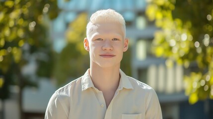 Wall Mural - Young South Asian Man with Albinism in a Park Setting During Daytime, Highlighting Diversity and Inclusion