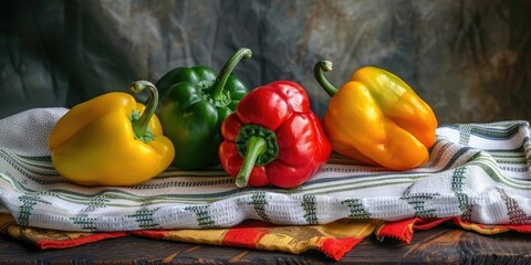 Vibrant peppers arranged on a kitchen cloth featuring red, yellow, and green varieties.