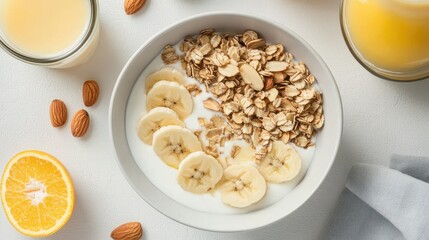 Flat lay of a healthy breakfast bowl featuring Greek yogurt, granola, bananas, and almonds, accompanied by milk and a glass of orange juice.