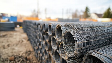 Stacks of wire mesh piles stored outdoors, with a construction project in the background