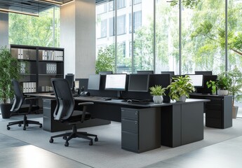 Poster - Modern office with black desks and chairs, large windows and plants,  grey carpet and concrete walls.