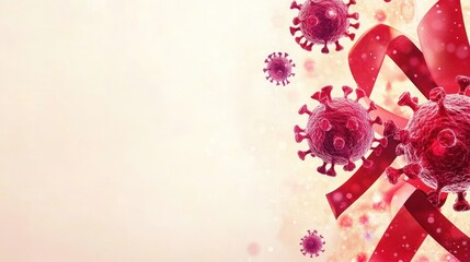 Image featuring virus illustrations and a ribbon, possibly related to health awareness.