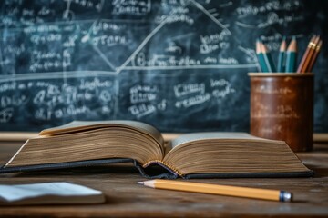 Poster - Open book with a pencil on a desk in front of a chalkboard with writing.