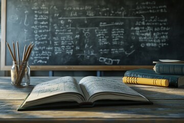 Poster - An open book with math equations lies on a wooden table with a chalkboard behind it, pencils in a glass jar, and other books stacked behind the book.