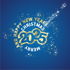 Wall Mural - Merry Christmas and Happy New Year 2025 circle shape. Stardust sparkle firework. Gold white blue vector logo greeting card