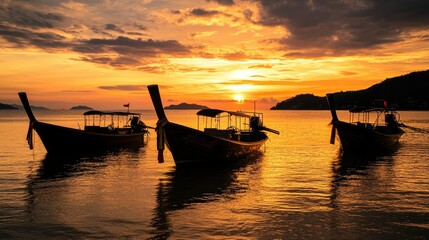 Wall Mural - Long-tail boats in silhouette, drifting peacefully at dawn, with the reflection of the rising sun creating a golden path on the waters of Rawai Beach.